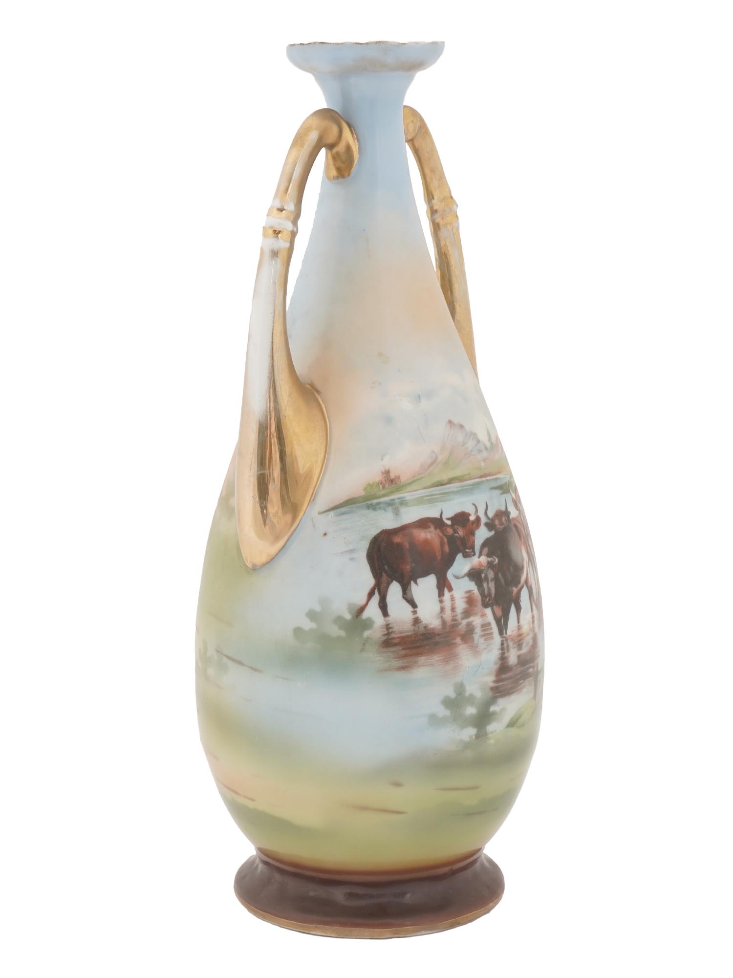 VICTORIA AUSTRIA LARGE PORCELAIN VASE WITH CATTLE PIC-1